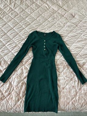 Windsor Dark Green Ribbed Long Sleeve Button-Front Dress